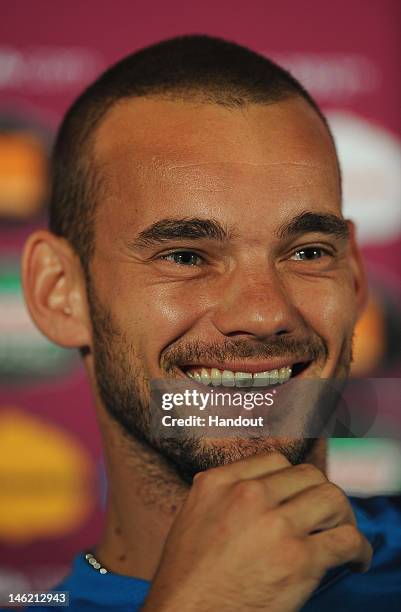 In this handout image provided by UEFA, Wesley Sneijder of Netherlands during a UEFA EURO 2012 press conference at the Metalist Stadium on June 12,...