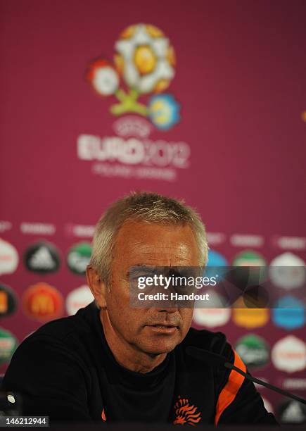 In this handout image provided by UEFA, Coach Bert van Marwijk of Netherlands during a UEFA EURO 2012 press conference at the Metalist Stadium on...