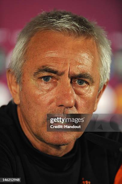 In this handout image provided by UEFA, Coach Bert van Marwijk of Netherlands during a UEFA EURO 2012 press conference at the Metalist Stadium on...