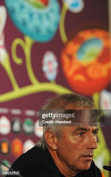 In this handout image provided by UEFA, Coach Bert van Marwijk of Netherlands during a UEFA EURO 2012 press conference at the Metalist Stadium on...