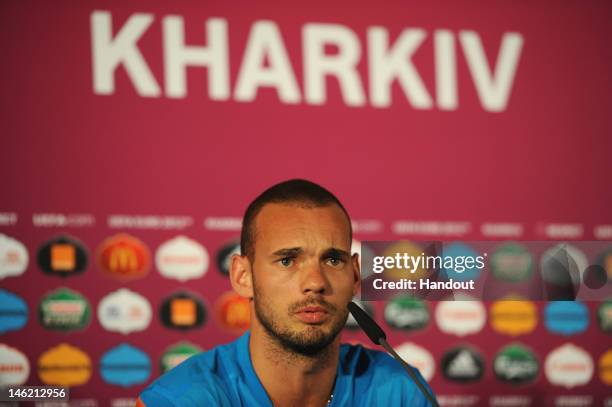 In this handout image provided by UEFA, Wesley Sneijder of Netherlands during a UEFA EURO 2012 press conference at the Metalist Stadium on June 12,...