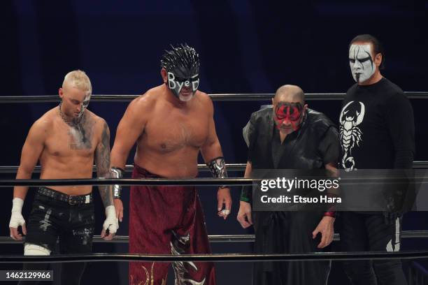 Darby Allin,The Great Muta,The Great Kabuki and Sting are seen during the Pro-Wrestling NOAH - GREAT MUTA FINAL "BYE-BYE" at Yokohama Arena on...