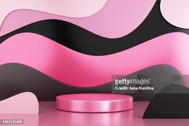 platform for showing products on layered pink and black background. beauty 3d pattern. - scene stock photos et images de collection