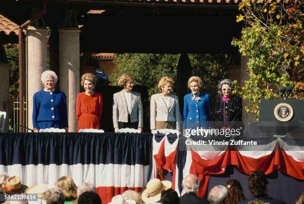 The First Ladies during former US President Jimmy Carter's speech at the Dedication of the Ronald Reagan Presidential Library at Simi Valley,...