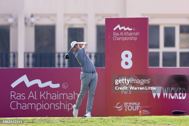 Rasmus Hojgaard of Denmark plays his tee shot from the 9th Hole on Day Two of the Ras Al Khaimah Championship at Al Hamra Golf Club on February 03,...