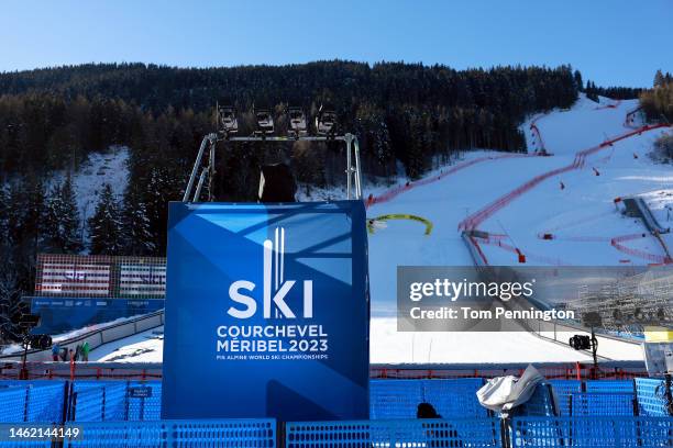 View as workers prepare the finish line area prior to the FIS Alpine World Ski Championships on February 03, 2023 in Courchevel, France.