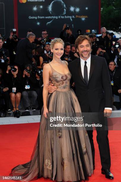 American actress Jennifer Lawrence and the spanish actor Javier Bardem during the premiere of the film Mother presented in competition at the 74th...