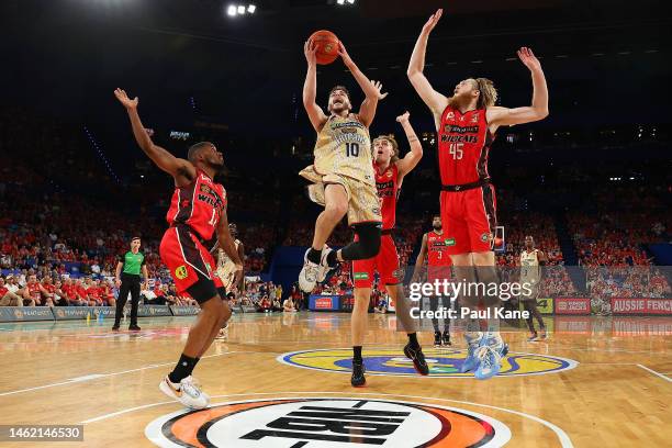 Ben Ayre of the Taipans goes to the basket during the round 18 NBL match between Perth Wildcats and Cairns Taipans at RAC Arena, on February 03 in...