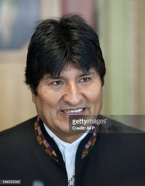 The president of Bolivia Evo Morales smioles as he visits Emile Roemer Party leader of the Socialist Party in the Hague, the Netherlands, on June 12,...