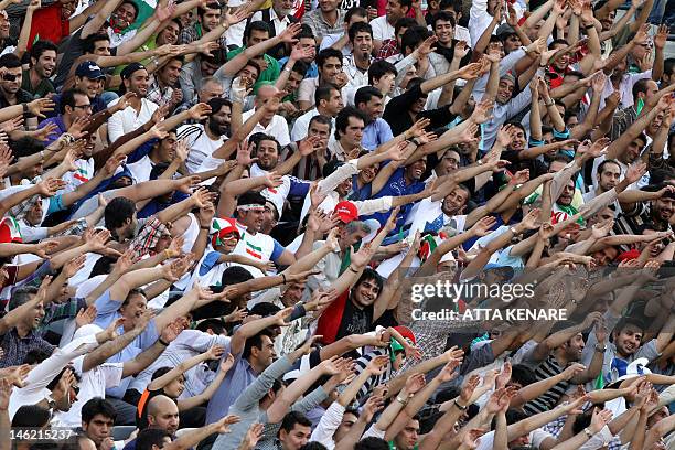Iranian football fans cheer for their team during their 2014 World Cup Asian qualifying football match against Qatar at the Azadi Stadium in Tehran...