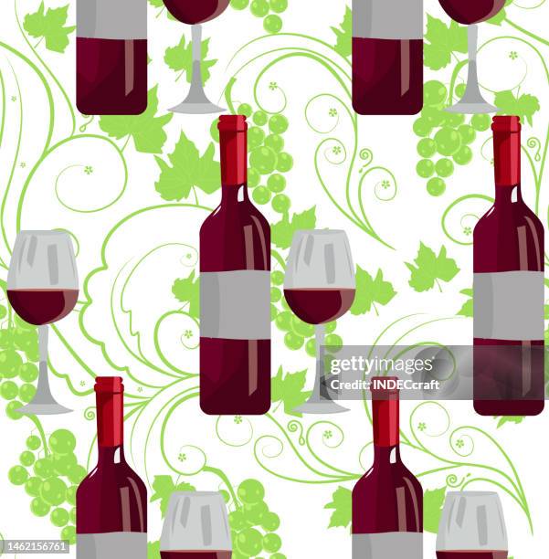 grapes vine and filigree with wine bottle and wine glass seamless pattern 3 - drinking wine outside stock illustrations