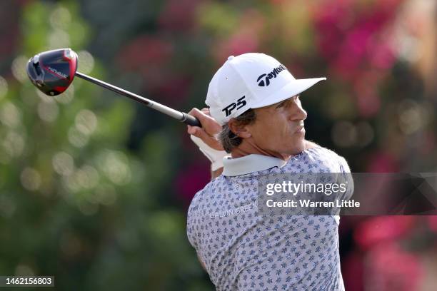 Thorbjorn Olesen of Denmark plays his tee shot from the 10th Hole on Day Two of the Ras Al Khaimah Championship at Al Hamra Golf Club on February 03,...