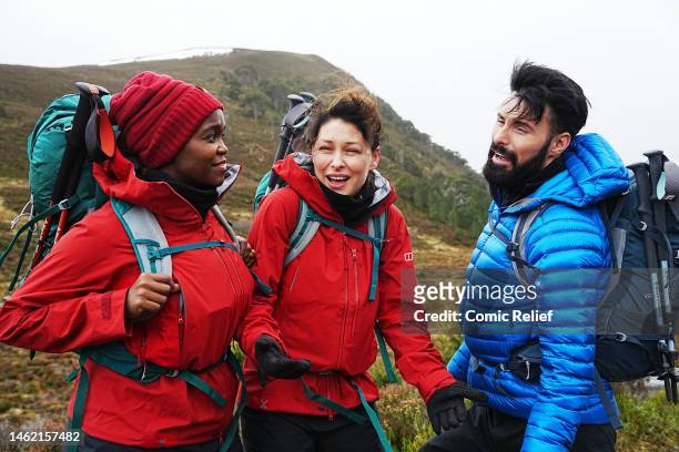 Television personalities, Emma Willis, Oti Mabuse and Rylan Clark training in preparation for the 'Frozen' Red Nose Day Challenge hiking the...