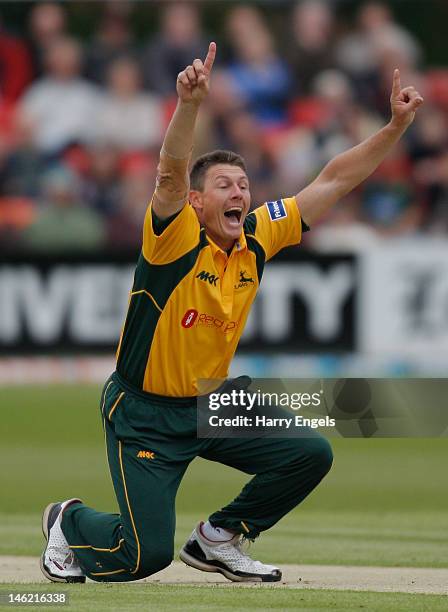 Darren Pattinson of Nottinghamshire appeals successfully for a wicket during the Friends Life T20 match between Leicestershire and Nottinghamshire at...