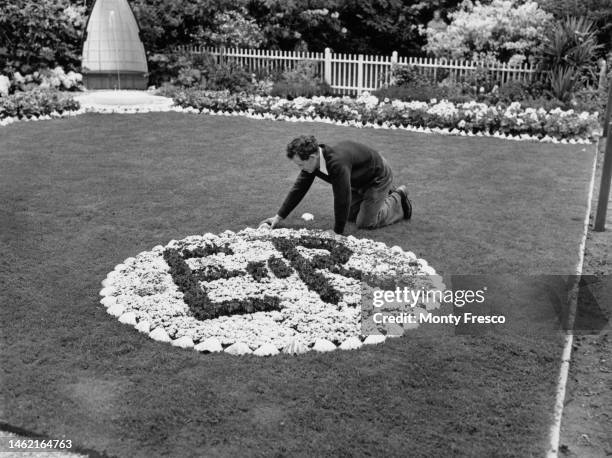 Gardener putting the finishing touches to a large ER II emblem in a garden by William Wood & Son at the Chelsea Flower Show, London, 18th May 1953....