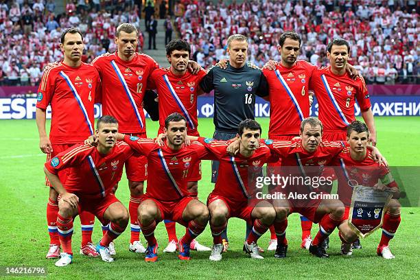 The Russian team line up during the UEFA EURO 2012 group A match between Poland and Russia at The National Stadium on June 12, 2012 in Warsaw, Poland.
