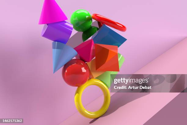 3d render of geometric objects stack in impossible balance. - ball rolling down ramp stock pictures, royalty-free photos & images