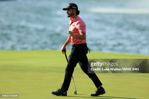 Abraham Ancer of Mexico acknowledges the crowd on the 18th green on Day Two of the PIF Saudi International at Royal Greens Golf & Country Club on...
