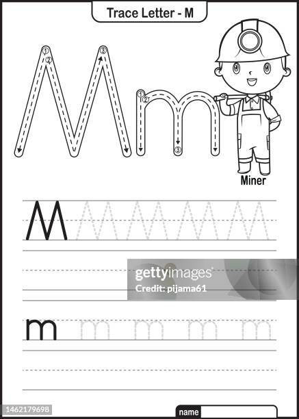 stockillustraties, clipart, cartoons en iconen met alphabet trace letter a to z preschool worksheet with the letter m miner pro vector - archeologie