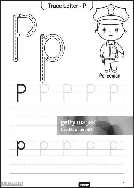 alphabet trace letter a bis z vorschularbeitsblatt mit dem buchstaben p policeman pro - p stock-grafiken, -clipart, -cartoons und -symbole