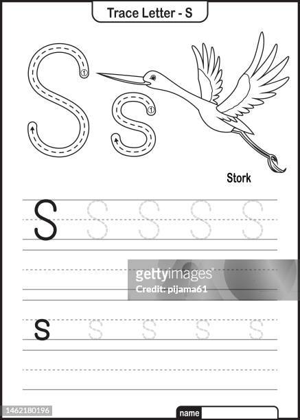 alphabet trace letter a to z preschool worksheet with the letter s stork pro vector - word of mouth stock illustrations