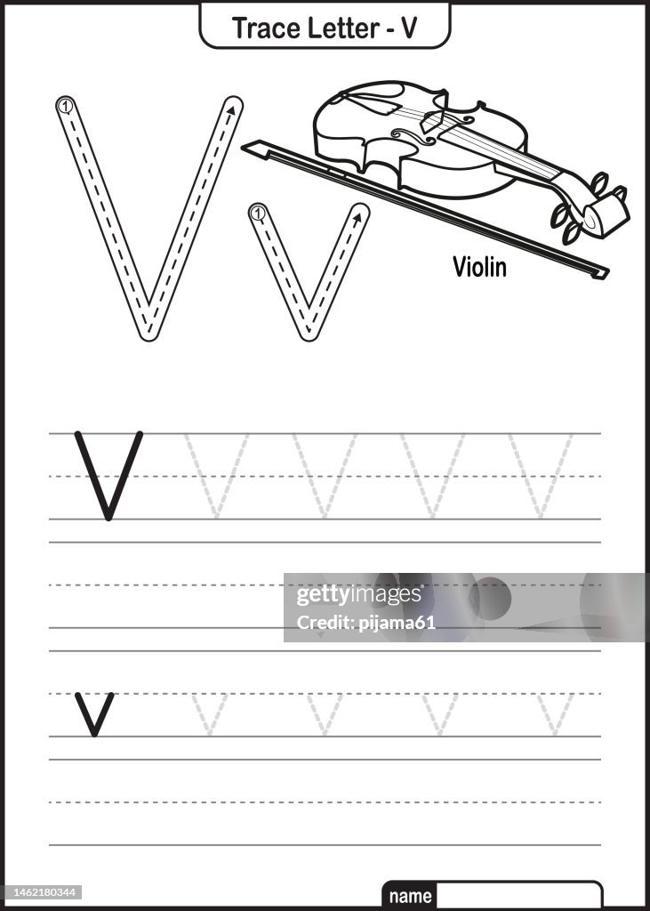 Alphabet Trace Letter A bis Z Vorschularbeitsblatt mit dem Letter V Violin Pro Vector