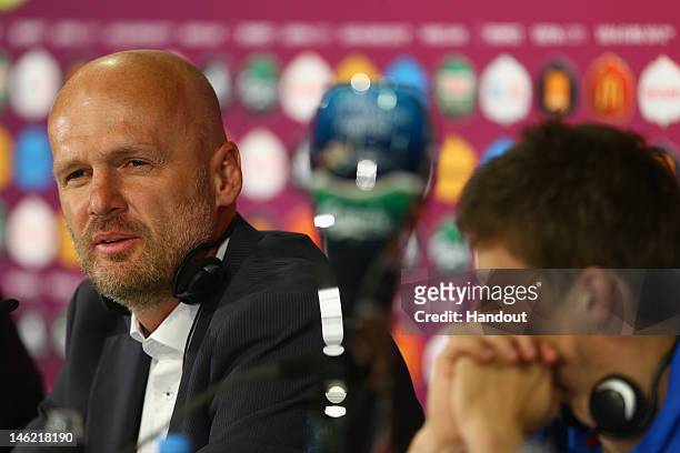 In this handout image provided by UEFA, Coach Michal Bilek of Czech Republic and Vaclav Pilar talk to the media during a UEFA EURO 2012 press...
