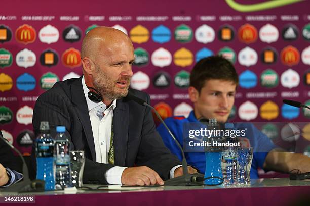 In this handout image provided by UEFA, Coach Michal Bilek of Czech Republic and Vaclav Pilar talk to the media during a UEFA EURO 2012 press...