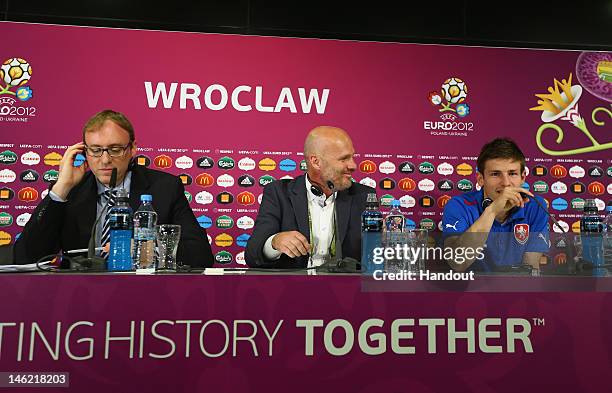 In this handout image provided by UEFA, Michal Bilek and Vaclav Pilar of Czech Republic talk to the media during a UEFA EURO 2012 press conference...