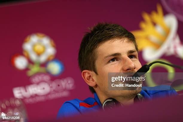 In this handout image provided by UEFA, Vaclav Pilar of Czech Republic talks to the media during a UEFA EURO 2012 press conference after the UEFA...