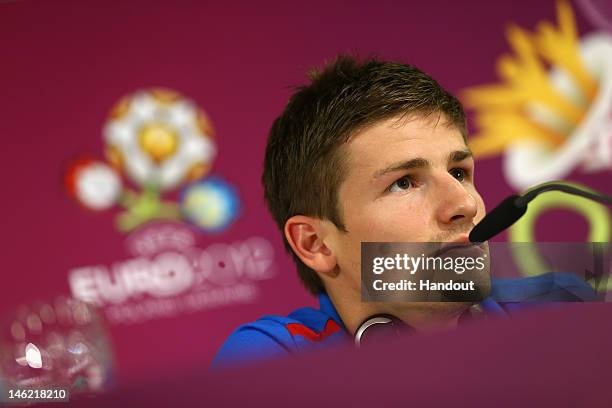 In this handout image provided by UEFA, Vaclav Pilar of Czech Republic talks to the media during a UEFA EURO 2012 press conference after the UEFA...