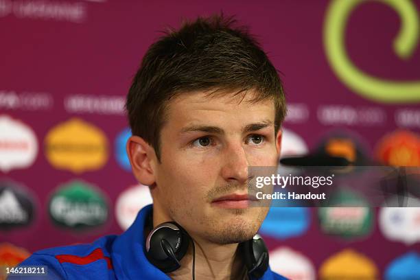 In this handout image provided by UEFA, Vaclav Pilar of Czech Republic talks to the media during a UEFA EURO 2012 press conference after the UEFA...