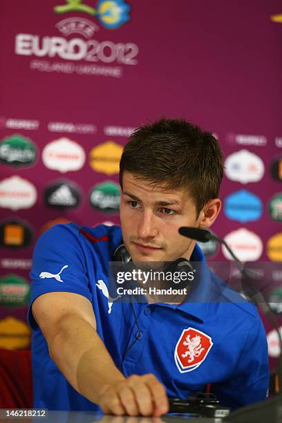 In this handout image provided by UEFA, Vaclav Pilar of Czech Republic talks to the media during a UEFA EURO 2012 press conference after the UEFA...