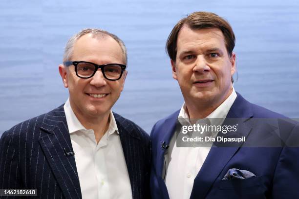 Stefano Domenicali and Ford CEO Jim Farley visit "FOX & Friends" at Fox News Channel Studios on February 03, 2023 in New York City.