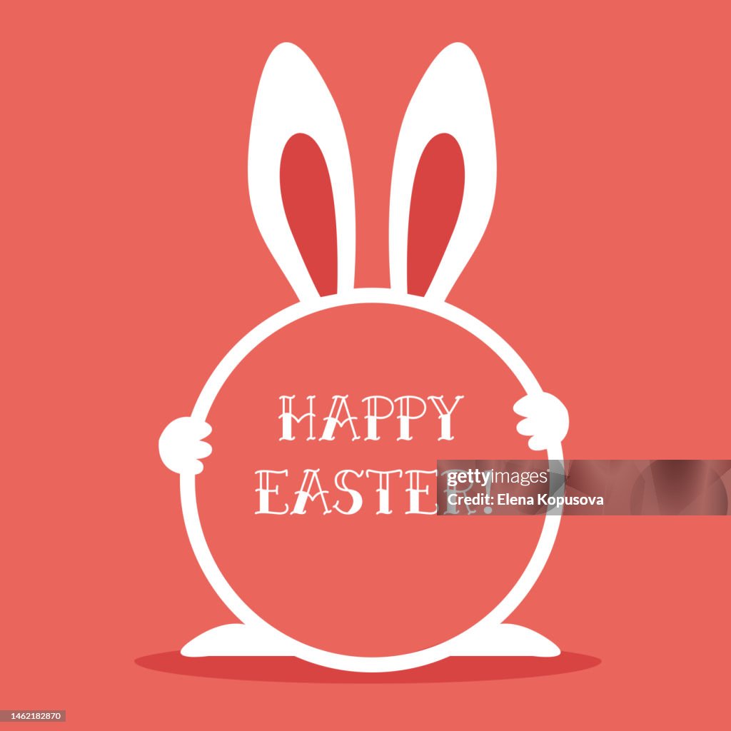 Easter bunny with a painted egg on a colored background. Creative flat illustration.