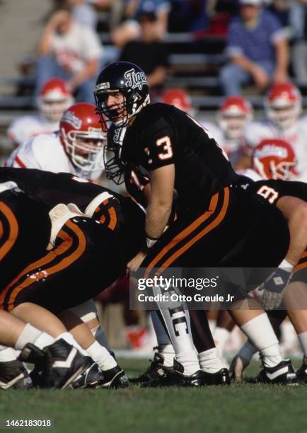 Troy Kopp, Quarterback for the University of the Pacific Tigers calls the play on the line of scrimmage during the NCAA Big West college football...