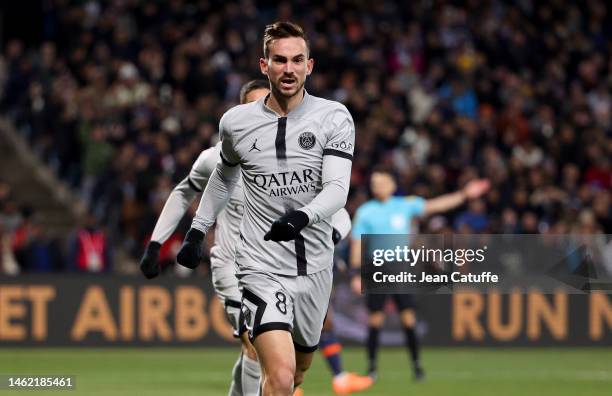 Fabian Ruiz Pena of PSG celebrates his goal during the Ligue 1 match between Montpellier HSC and Paris Saint-Germain at Stade de la Mosson on...