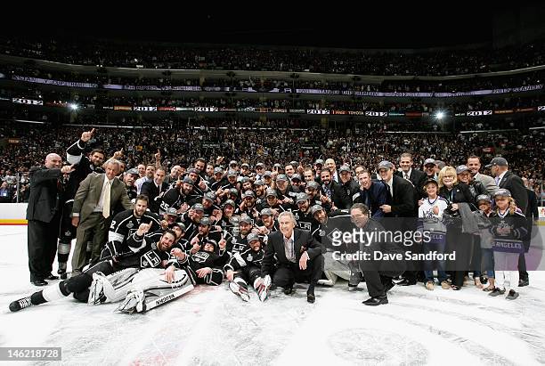 The Los Angeles Kings celebrate with the Stanley Cup after defeating the New Jersey Devils 6-1 in Game Six of the 2012 Stanley Cup Final at the...