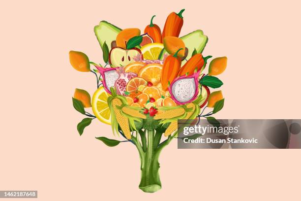 ilustrações de stock, clip art, desenhos animados e ícones de healthy fruit and vegetables - ramo-de-flores