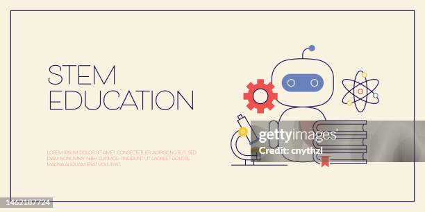 stem education related design with line icons. technology, science, learning, math, robotics. - robotics student stock illustrations