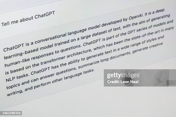 In this photo illustration, the OpenAI "ChatGPT" AI-generated answer to the query "Tell me about ChatGPT" is seen on a laptop screen on February 03,...