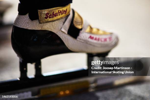 Ice skate detail of Suzanne Schulting of Netherlands as she prepares in the 500m heats during the ISU World Cup Short Track at Joynext Arena on...