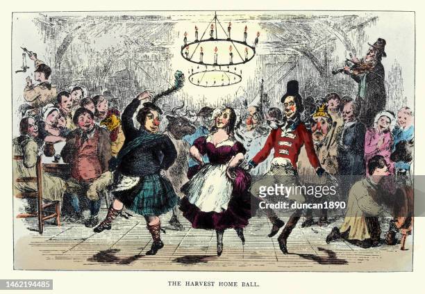 ilustraciones, imágenes clip art, dibujos animados e iconos de stock de mujer bailando una danza folclórica jig con un escocés y un soldado, harvest home ball, estilo victoriano de 1840 del siglo 19 - scottish culture
