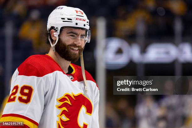 Dillon Dube of the Calgary Flames warms up before the game against the Nashville Predators at Bridgestone Arena on January 16, 2023 in Nashville,...