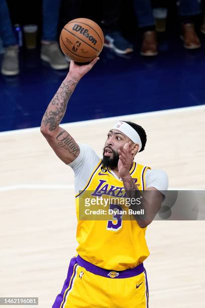 Anthony Davis of the Los Angeles Lakers attempts a shot in the third quarter against the Indiana Pacers at Gainbridge Fieldhouse on February 02, 2023...