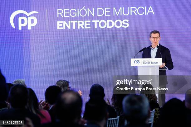 The president of the Partido Popular , Alberto Nuñez Feijoo, speaks at the presentation of the mayoral candidate of Alcantarilla, on February 3 in...