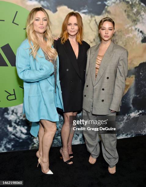 Kate Hudson, Stella McCartney and Madelyn Cline attend the Stella McCartney X Adidas Party at Henson Recording Studio on February 02, 2023 in Los...