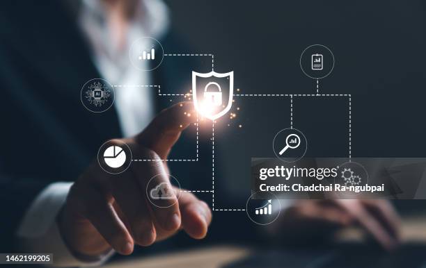 internet and technology on virtual screen concept. cyber protection data security internet privacy, man using network internet on laptop computer with lock protect virus icon. - security screen icons stock pictures, royalty-free photos & images