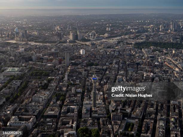 aerial view of london skyline at sunrise looking south over the city - birmingham skyline stock pictures, royalty-free photos & images