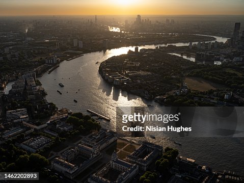 Aerial view of London Skyline at sunset looking West over the Thames and city
